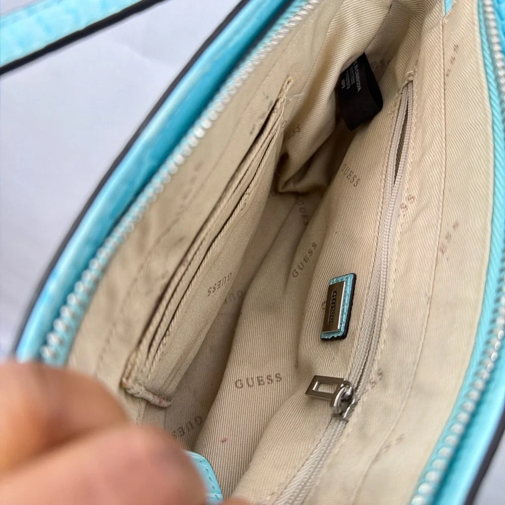 Guess Y2K Light Blue Croc Embossed Shoulder Bag Chain Mini Baguette Purse - Picture 7 of 8